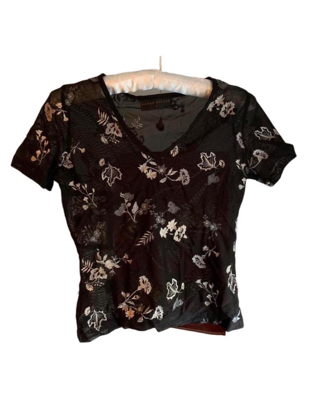 Vintage Karen Millen Black Sheer Mesh Floral Embroidered V-Neck Top